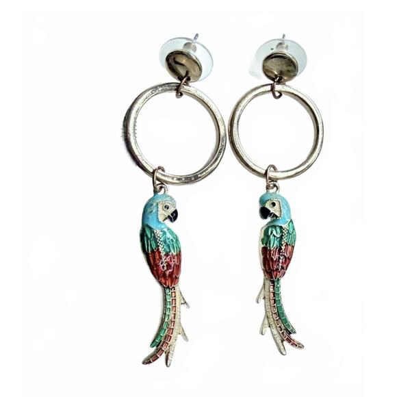 Y2K Tropical Enamel Parrot Drop Earrings Gold Hoop 2.75” Statement - Picture 6 of 6